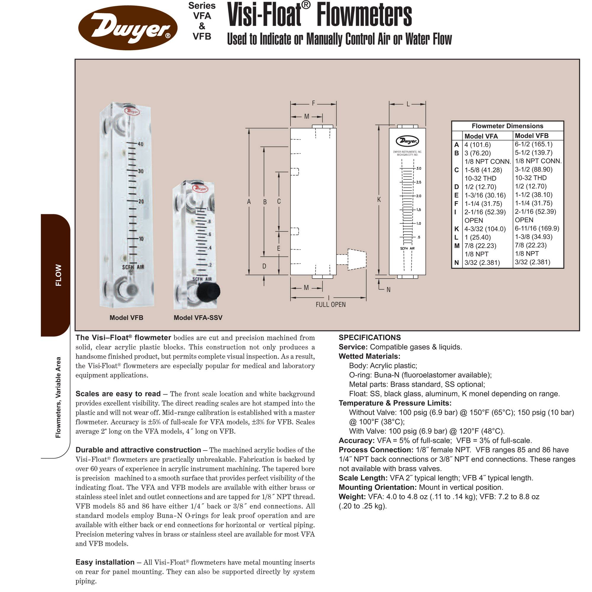 Dwyer VFA Flowmeter Flow Meter VisiFloat Series SSV Stainless Steel